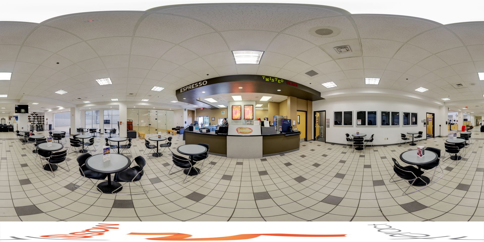 Center Court at Florida Tech features a comfortable seating area and a café offering a variety of beverages and snacks, perfect for students to relax and socialize